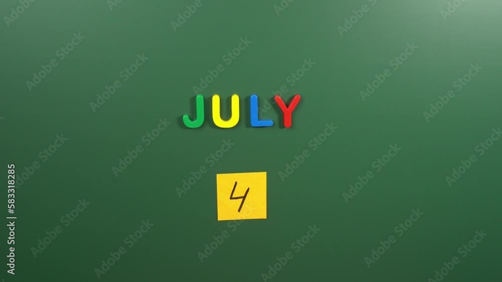 Hand sticking a sticker 4 July calendar day on school board. 4 date of July. Fourth day of July. 4th date number. 4 day calendar. Four date. United States Independence Hand sticking a sticker 4 July calendar day on school board. 4 date of July. Fourth day of July. 4th date number. 4 day calendar. Four date. United States Independence