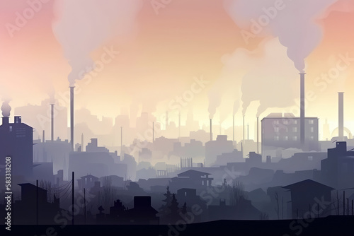 Smog-filled urban landscape with silhouettes of industrial buildings and factories  releasing toxic fumes into the polluted air  generative ai