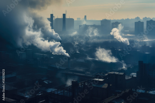Smoke billowing from factory chimneys in a dystopian industrial landscape  with polluted water and smog-covered cityscape in the background  generative ai