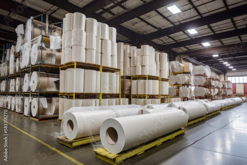 Stacks of finished fiberglass products, such as insulation rolls and panels, ready for shipment in a warehouse, generative ai photo