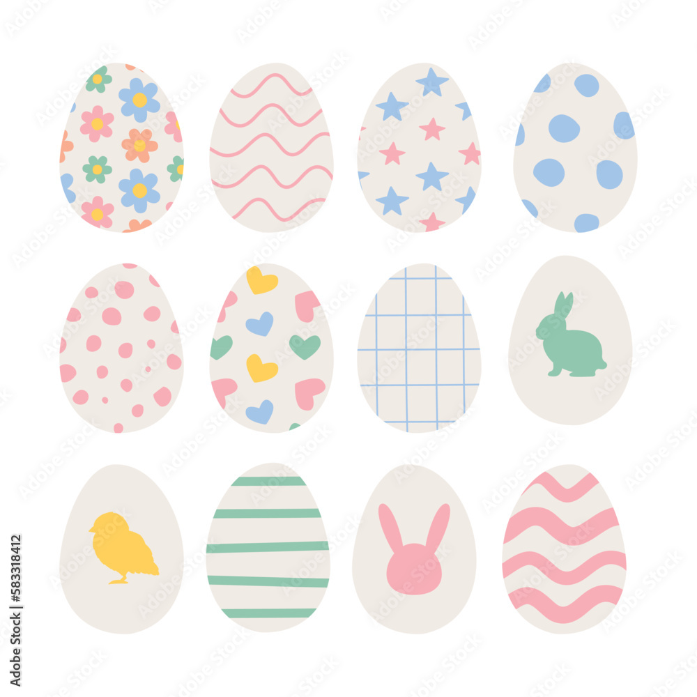 Vector set of different color hand drawn flat Easter egg isolated on white background