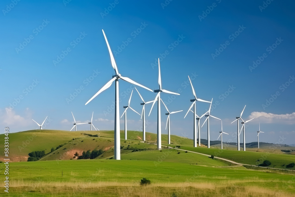 Sustainable wind farm on a green hill with modern wind turbines generating clean energy against a blue sky, generative ai - obrazy, fototapety, plakaty 