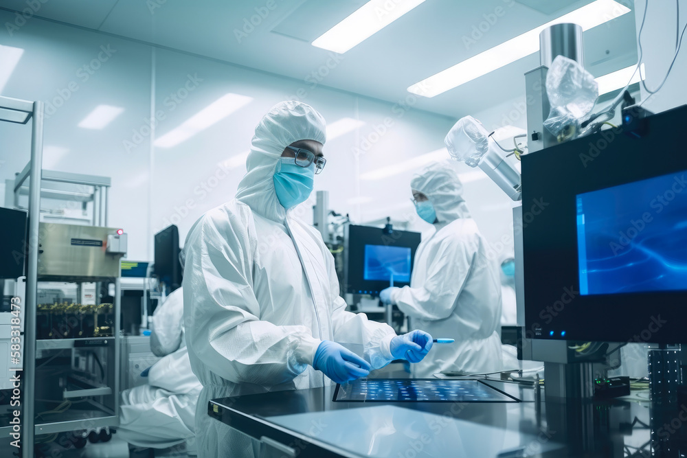 Team of workers wearing protective suits and masks in a semiconductor manufacturing cleanroom, generative ai Team of workers wearing protective suits and masks in a semiconductor manufacturing cleanroom, generative ai