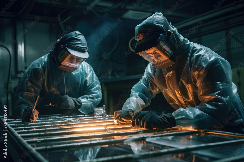 Technicians wearing protective gear working with molten glass to create fiberglass strands in a manufacturing facility, generative ai Technicians wearing protective gear working with molten glass to create fiberglass strands in a manufacturing facility, generative ai