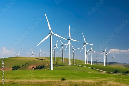 Sustainable wind farm on a green hill with modern wind turbines generating clean energy against a blue sky, generative ai photo