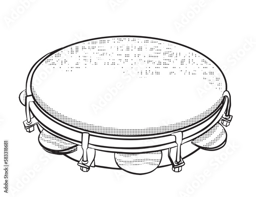  Outline drawing tambourine illustration. This is a type of hand drum used in the sport called capoeira and samba music style. Vector illustration isolated on white background.
