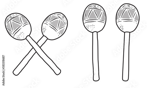 Outline drawing of rattles maracas. Indigenous musical instruments made with gourd and seeds. Vector illustration isolated on white background.