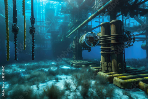 Underwater scene of an oil and gas subsea production system, complete with wells, manifolds, and pipelines, generative ai