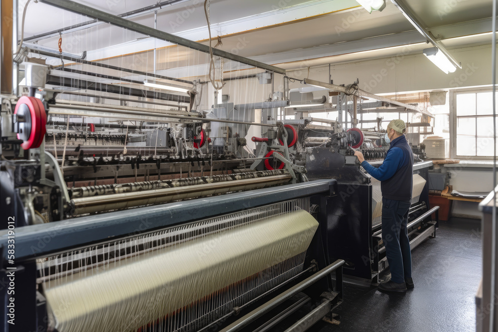 Workers in a textile factory operating large weaving machines to produce fabric', generative ai Workers in a textile factory operating large weaving machines to produce fabric', generative ai