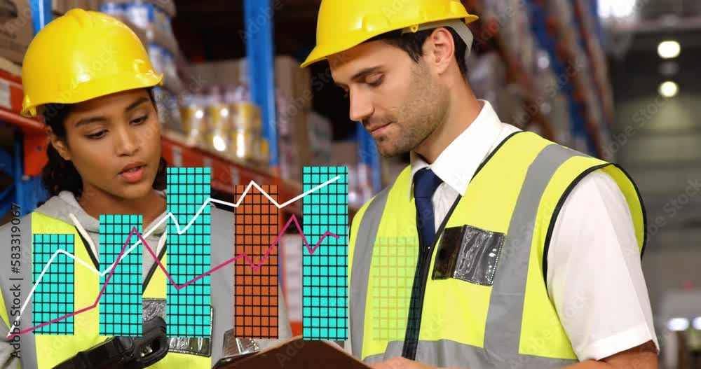 Animation of financial data processing over diverse people working in warehouse Animation of financial data processing over diverse people working in warehouse