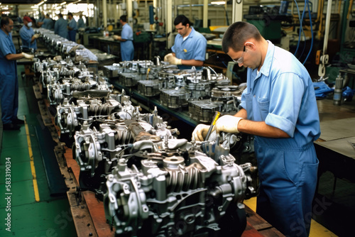 Workers in an automobile manufacturing plant assembling car engines', generative ai