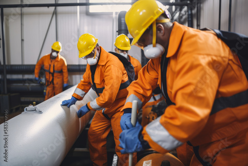 Workers in chemical industry plant conducting safety training session near pipelines and machinery, generative ai