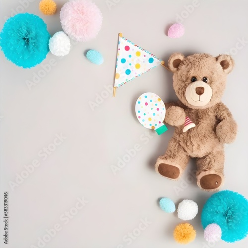 Background of a cute bear. Wallpaper illustration. Top view and flat lay with copy space for text information or content. Concept of writing paper, birthday card, invitation card. Generative AI.