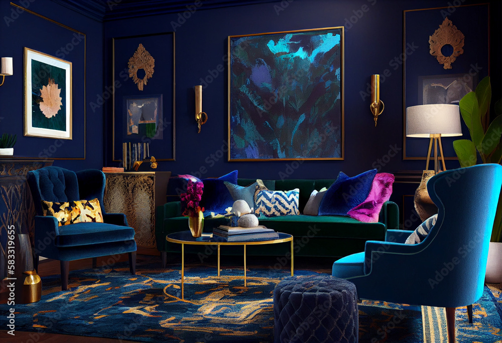 Interior design of a bold living room design with rich, royal blue walls  and plush, jewel-toned rugs for a regal ambiance | Modern and luxurious  living room | Generative Ai Illustration Stock