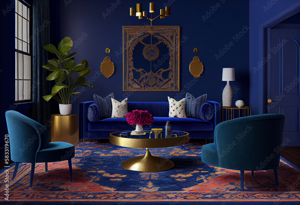 Interior design of a bold living room design with rich, royal blue