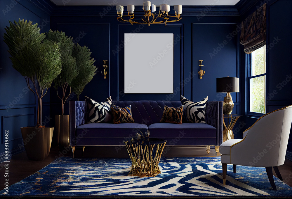 Interior design of a bold living room design with rich, royal blue