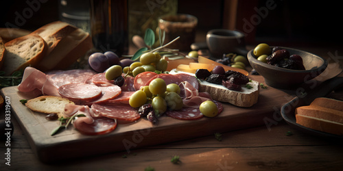 Food platter serving board, slices of charcuterie, olives, and crusty bread on rustic farm table in French countryside. Meats include prosciutto, salami, and chorizo, the olives are green and black.