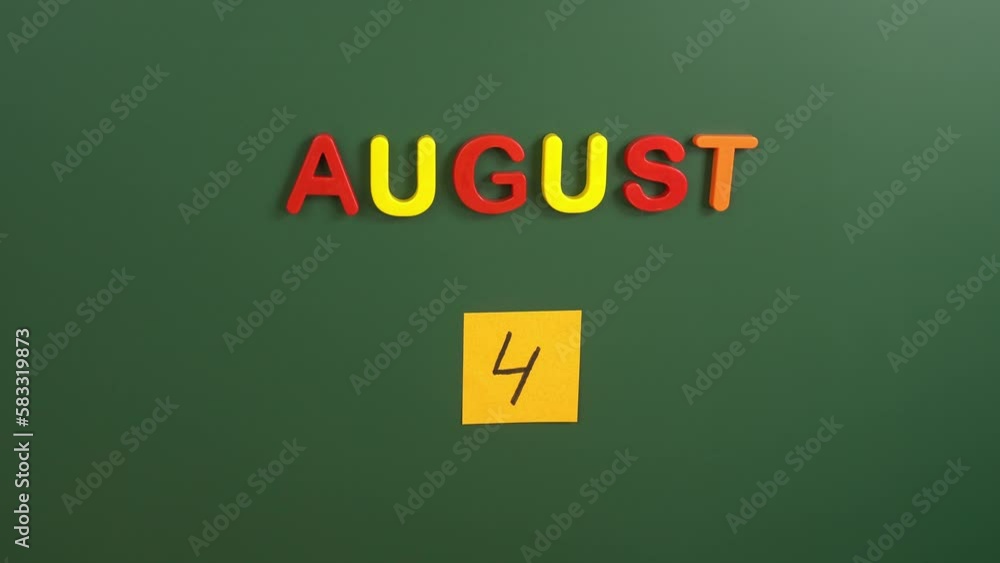 Hand sticking a sticker 4 August calendar day on school board. 4 date of august. Fourth day of august. 4th date number. 4 day calendar. Four date. Coast Guard Day Hand sticking a sticker 4 August calendar day on school board. 4 date of august. Fourth day of august. 4th date number. 4 day calendar. Four date. Coast Guard Day