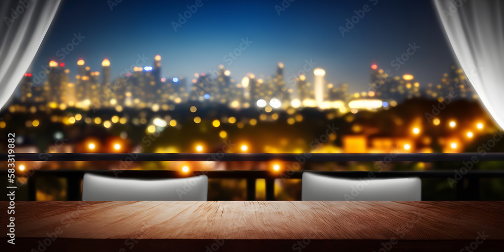 Wood table with white curtain, rooftop bar restaurant with view of cityscape skyline at night, mockup for template, product display, copy space