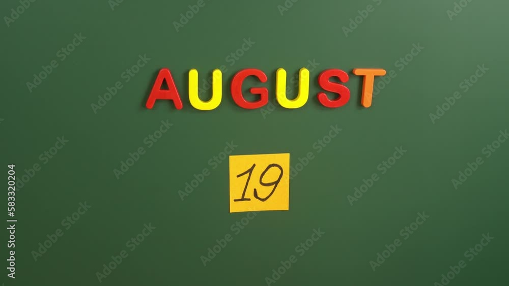Hand sticking a sticker 19 August calendar day on school board. 19 date of august. Nineteenth day of august. 19th date number. 19 day calendar. Nineteen date. National Aviation Day, World Humanitarian Hand sticking a sticker 19 August calendar day on school board. 19 date of august. Nineteenth day of august. 19th date number. 19 day calendar. Nineteen date. National Aviation Day, World Humanitarian