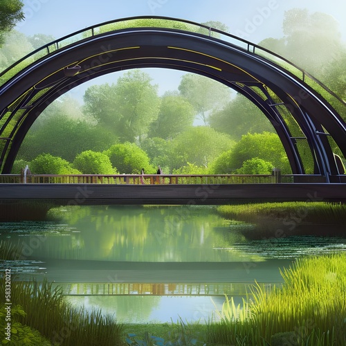 A pond with a bridge and a grassy area2, Generative AI photo