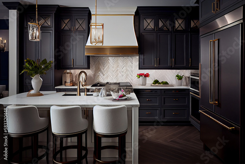 Interior design of a luxurious kitchen that includes high-end finishes, such as marble countertops and custom cabinetry   Modern, sophisticated and luxurious kitchen   Generative Ai © MuhammadAns