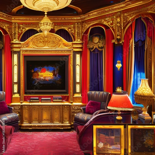 A home teather with an opulent feel, featuring rich colors and lavish fabrics2, Generative AI