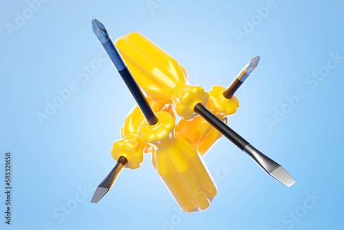 3D illustration of a yellow screwdrivers in cartoon style on a monochrome isolated background. Hand carpentry tool for DIY shop.