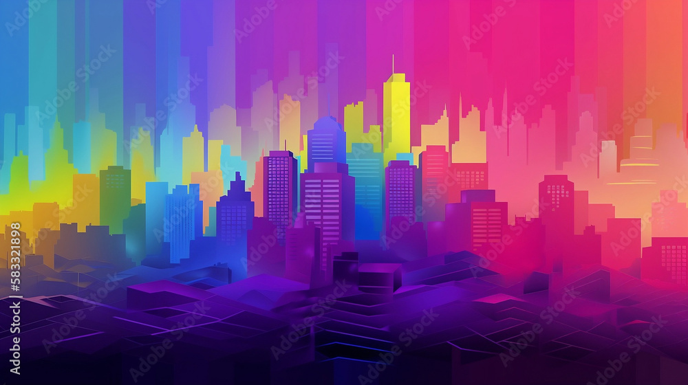 Colorful city skyline at night with skyscrapers projecting colors into the sky