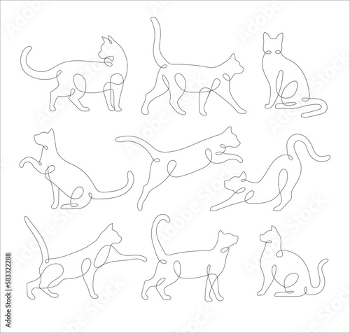 Set of Cats in one line drawing style. Abstract and minimalist cat icon set collection. Contunuous line drawing of cat. Vector illustration