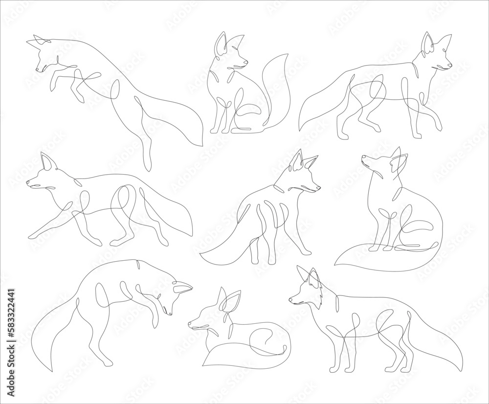 Fox in line art and abstract icon set. Collection of Fox wall art decoration design. Abstract and minimalist outline fox icon set. Continuous one line drawing of a fox collection. Vector illustration Fox in line art and abstract icon set. Collection of Fox wall art decoration design. Abstract and minimalist outline fox icon set. Continuous one line drawing of a fox collection. Vector illustration