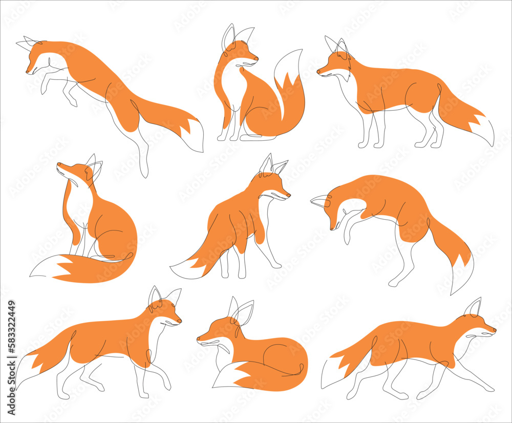 Fox in line art and abstract icon set. Collection of Fox wall art decoration design. Abstract and minimalist outline fox icon set. Continuous one line drawing of a fox collection. Vector illustration Fox in line art and abstract icon set. Collection of Fox wall art decoration design. Abstract and minimalist outline fox icon set. Continuous one line drawing of a fox collection. Vector illustration