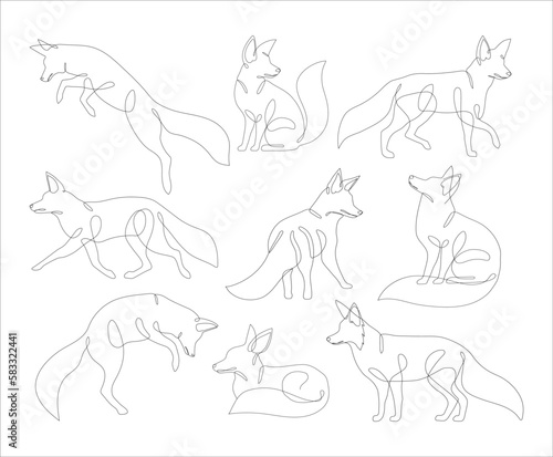 Fox in line art and abstract icon set. Collection of Fox wall art decoration design. Abstract and minimalist outline fox icon set. Continuous one line drawing of a fox collection. Vector illustration