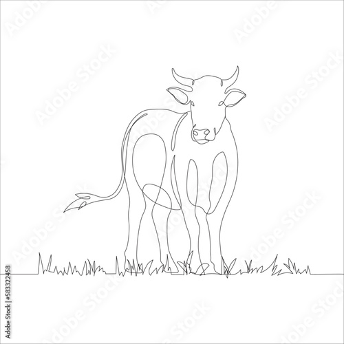 Cow with grass in continuous line art drawing style. Continuous line drawing of cattle with grass. Cow in abstract and minimalist linear icon. Vector illustration
