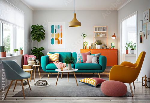 Interior design of a Scandinavian style living room with bold pops of color, playful and lively vibe, comfortable and colorful sofa with pillows, armchairs and rugs | Generative Ai | Indoor décor