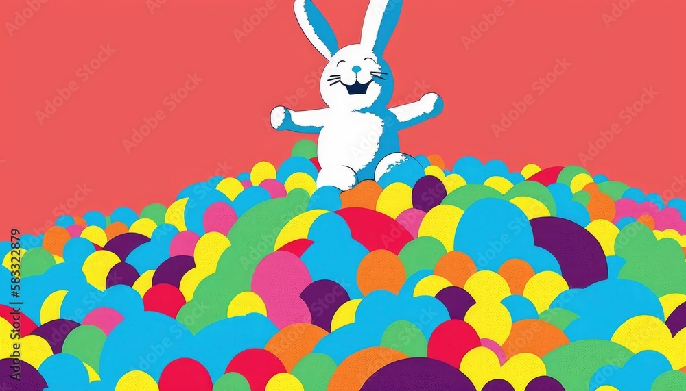 Naklejka premium Easter bunny and easter eggs, rabbit smiling, colorful eggs stacked, happy joyful celebrating holiday, vibrant colors, generative ai