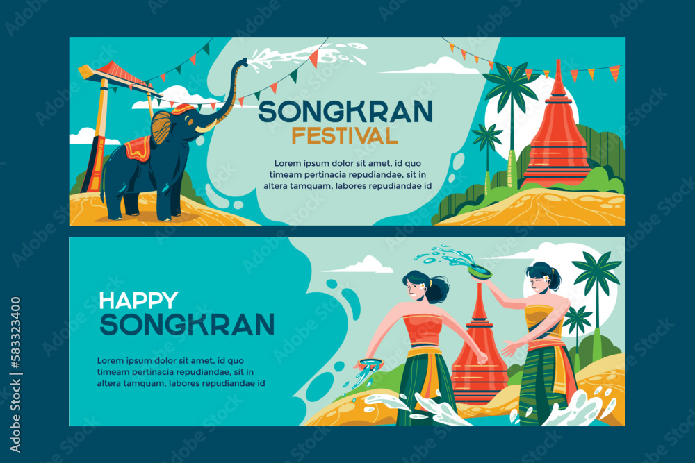 Songkran Festival Banner with People Playing Water in Temple mean Thailand Traditional New Year's Day