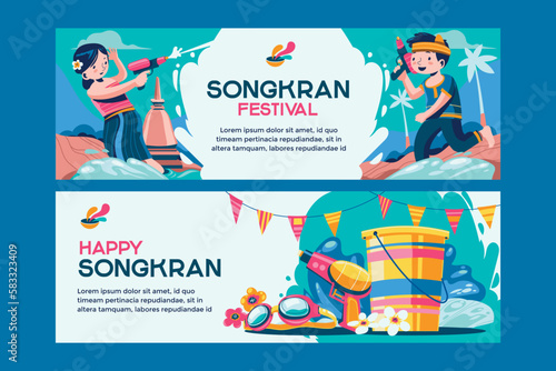 Songkran Festival Banner with Kids Playing Water in Temple mean Thailand Traditional New Year's Day