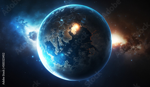 宇宙と銀河の中の青い地球。外光オゾンと白い雲を持つ地球。宇宙惑星と大気圏のコンセプト