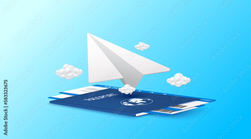 Paper plane white and cloud is taking off on passport. Travel transport concept. Ad template for making tourism. 3D Vector EPS10. Paper plane white and cloud is taking off on passport. Travel transport concept. Ad template for making tourism. 3D Vector EPS10.