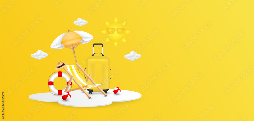 Deck chair sitting beach umbrella, travel luggage yellow on white podium. The sun and clouds float in the air with copy space for text. Banner for making tourism. Summer vacation concept. 3D Vector. Deck chair sitting beach umbrella, travel luggage yellow on white podium. The sun and clouds float in the air with copy space for text. Banner for making tourism. Summer vacation concept. 3D Vector.