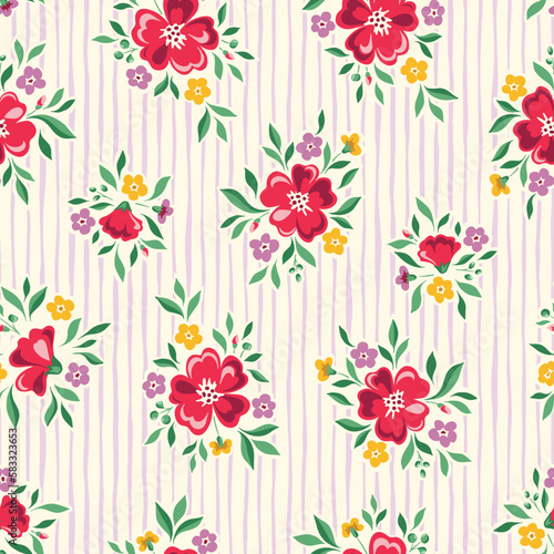 Cheery and Bright Chintz Romantic Meadow Wild Flowers and Stripes Vector Seamless Pattern. Cottagecore Garden Flowers and Foliage Print. Homestead Bouquet. Farmhouse Background