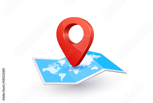 Location pin red or Positioning pins on world map paper blue for making advertising media about tourism. Isolated on white background. Design 3D vector EPS10 illustration.