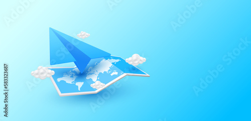 Paper plane blue and cloud is taking off on world map with copy space for text. Travel transport concept. Ad template for making tourism. 3D Vector EPS10.