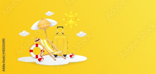 Deck chair sitting beach umbrella, travel luggage yellow on white podium. The sun and clouds float in the air with copy space for text. Banner for making tourism. Summer vacation concept. 3D Vector.