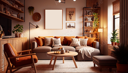 Interior design of a cozy living room with plush furniture, poster frames, warm lighting and soft textures   Modern and luxurious living room   Generative Ai   Indoor décor © MuhammadAns