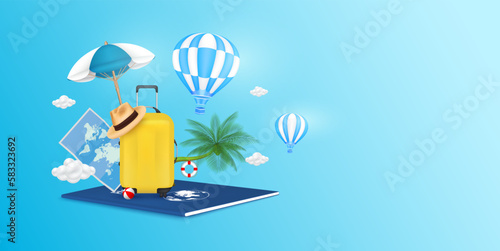 Hot air balloons blue flying over the coconut tree with cloud and luggage yellow on passport. Travel banner design. for making advertising media tourism. Travel transport concept. 3D Vector EPS10.