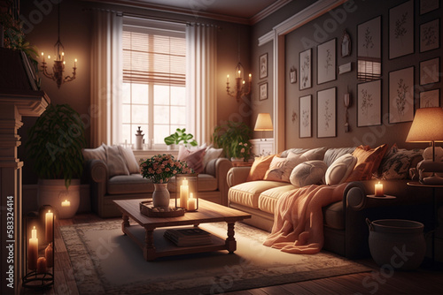 Interior design of a cozy living room with plush furniture, warm lighting and soft textures | Modern and luxurious living room | Generative Ai | Indoor décor