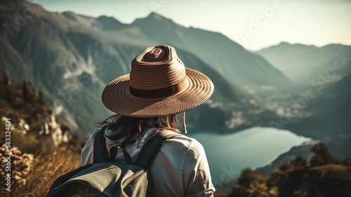 woman with a hat and backpack looking at the mountains and lake from the top of a mountain in the sun light, with a view of the mountains 