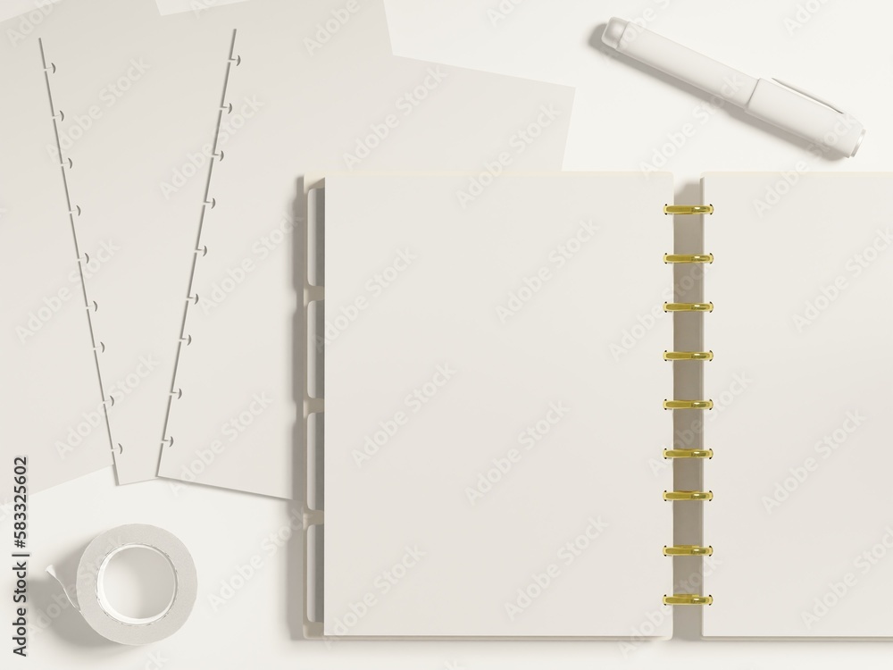 Open discbound planner mockup on desk and blank planner inserts. Top